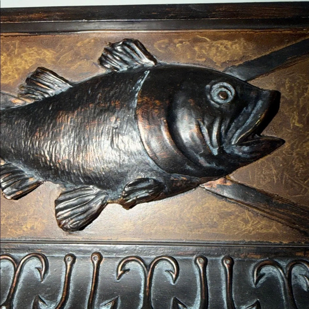 Vintage Decorative Brown Fish Box Featuring a Relief Style Fish Theme. Heavy